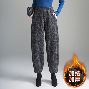 加绒九分花苞裤女秋冬季2025新款松紧腰显瘦印花休闲哈伦裤萝卜裤