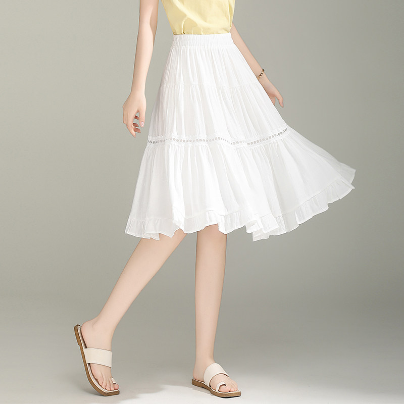 白色半身裙女2025夏季新款松紧高腰显瘦百搭a字裙中长大摆伞裙子