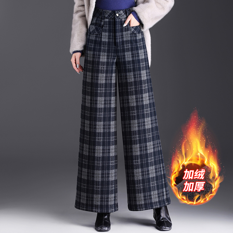 冬季加绒毛呢格子裤阔腿裤休闲裤