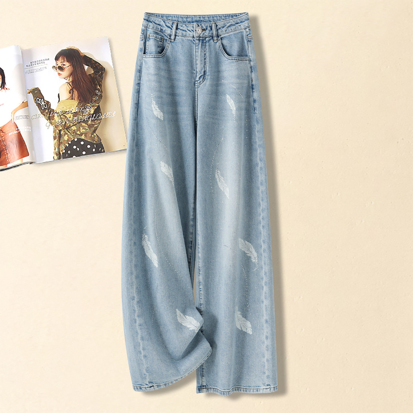 烫钻阔腿牛仔裤女高腰显瘦宽松垂感浅蓝色直筒长裤2026春夏新款
