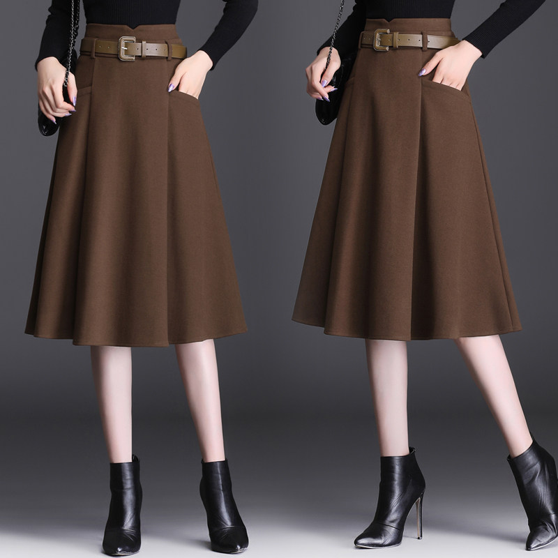 毛呢伞裙半身裙女秋冬2021新款高腰垂感显瘦咖色a字裙中长休闲裙
