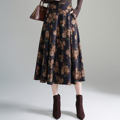 秋冬印花毛呢半身裙显瘦a字裙