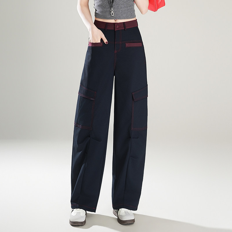 藏青色工装风弯刀裤女春季2026新款高腰显瘦直筒阔腿裤休闲长裤子