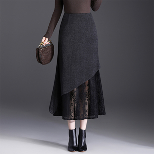 不规则蕾丝拼接半身裙女2025秋冬新款高腰中长款修身包臀鱼尾裙子