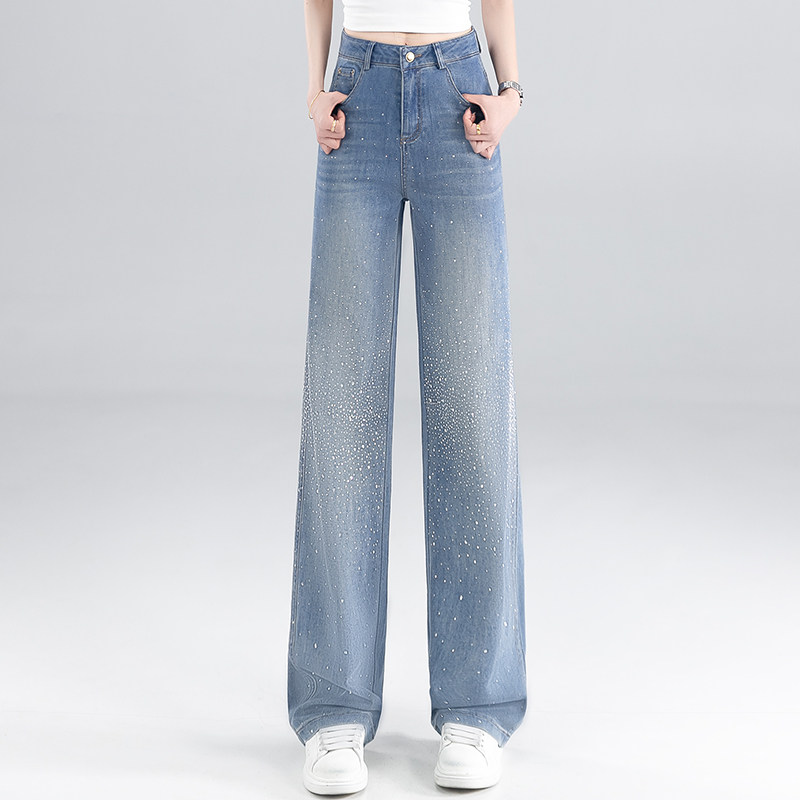 满天星烫钻阔腿牛仔裤女2026春夏新款高腰显瘦遮胯百搭直筒长裤