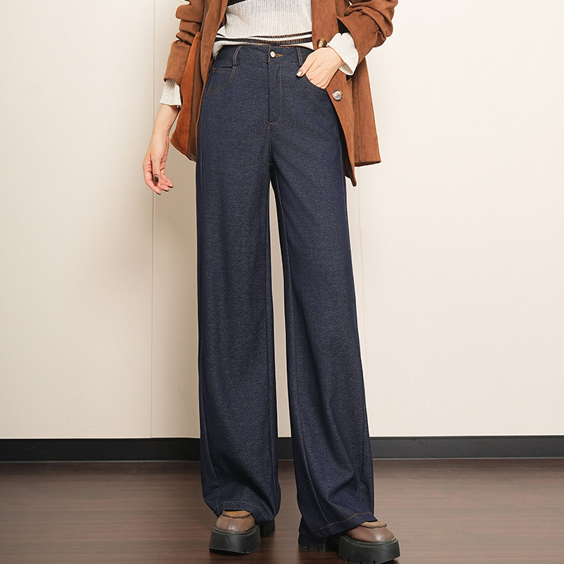 深蓝色阔腿拖地牛仔裤女2026新款春季宽松高腰直筒裤显瘦休闲裤子