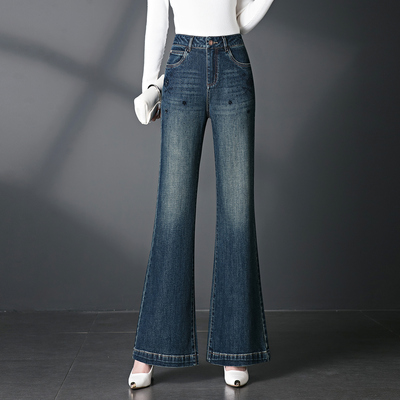 复古亮钻牛仔裤高腰喇叭裤长裤
