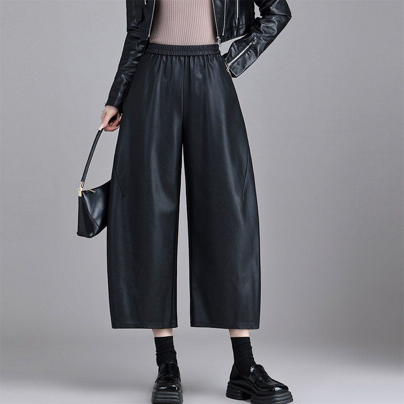 秋冬宽松阔腿皮裤八分休闲弯刀裤
