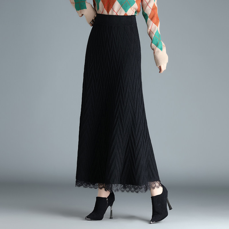 蕾丝边针织半身裙女2025秋冬新款高腰显瘦百搭大摆黑色长款A字裙