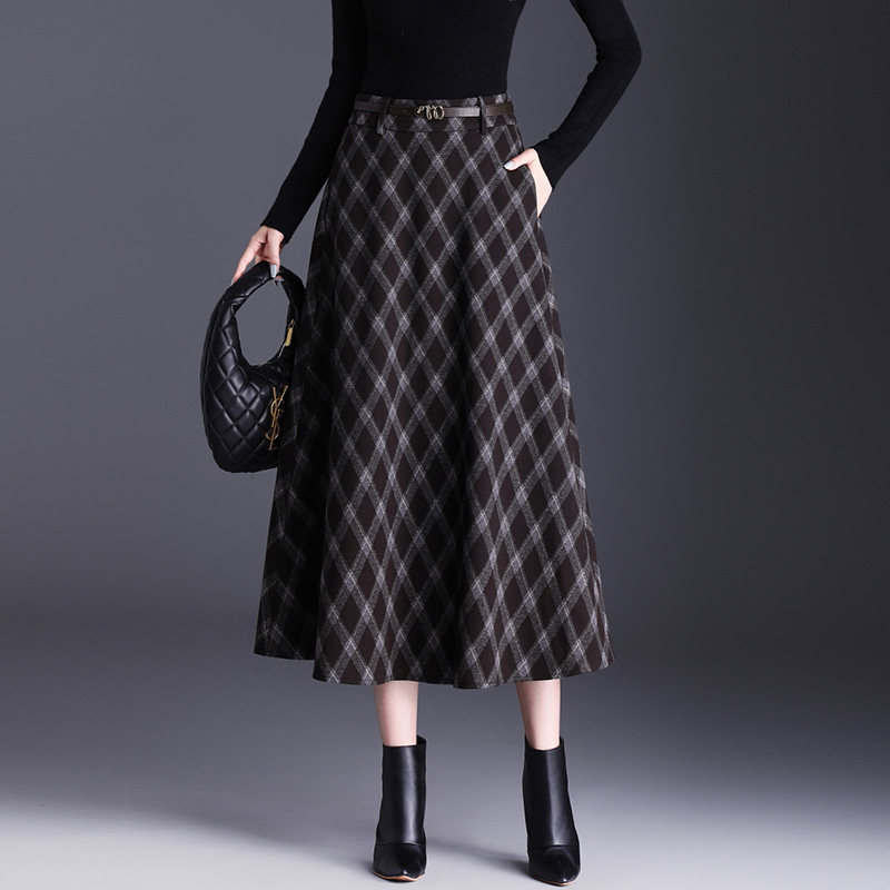 复古格子毛呢半身裙女秋冬2025新款高腰遮胯显瘦A字裙中长款伞裙