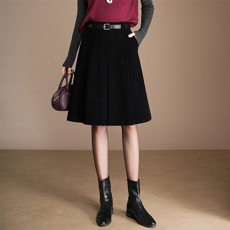 气质毛呢半身裙女2025秋冬新款高腰显瘦通勤百褶中裙休闲A字裙子