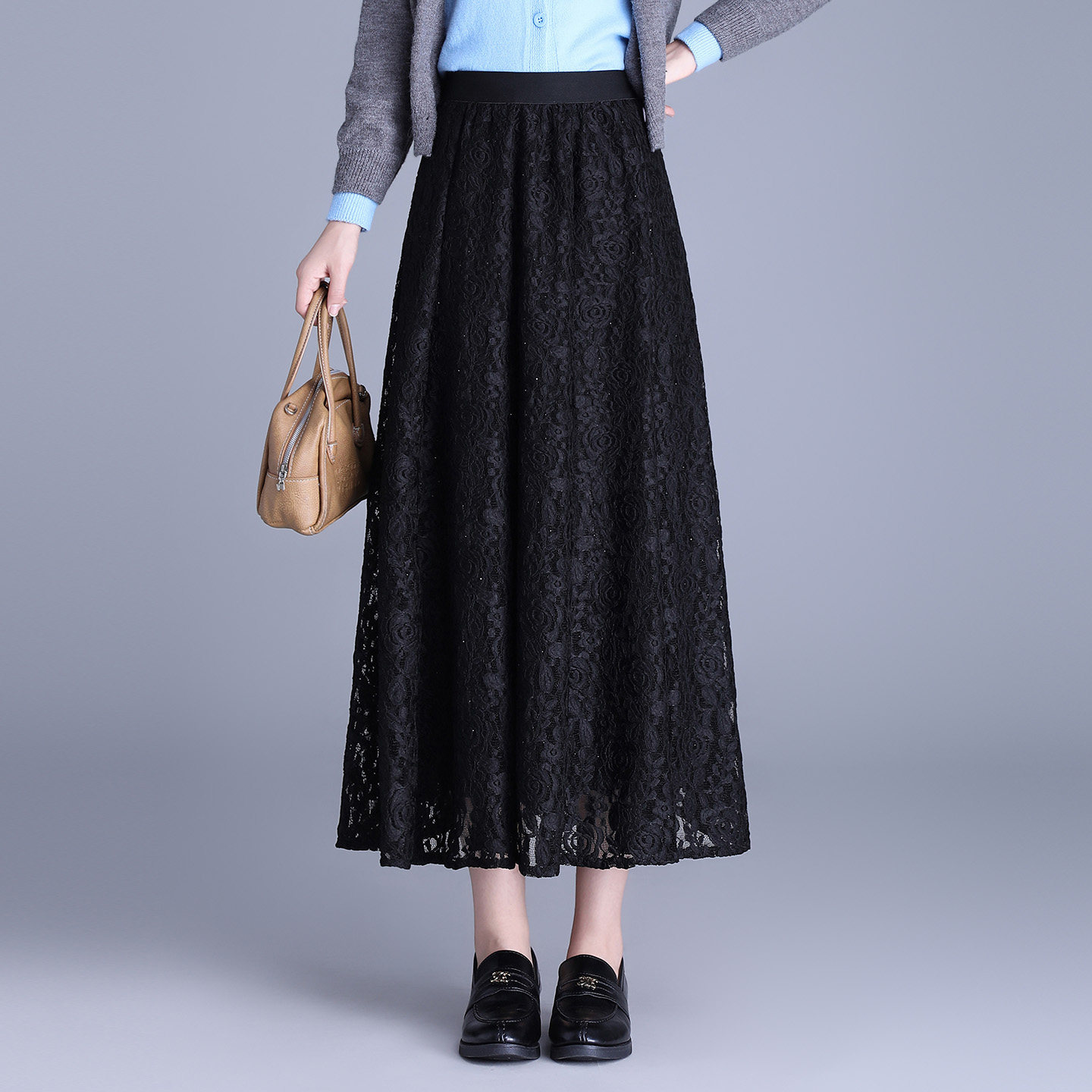 韩版蕾丝a字裙女秋季中长款显瘦半身裙2025新款高腰气质百搭裙子