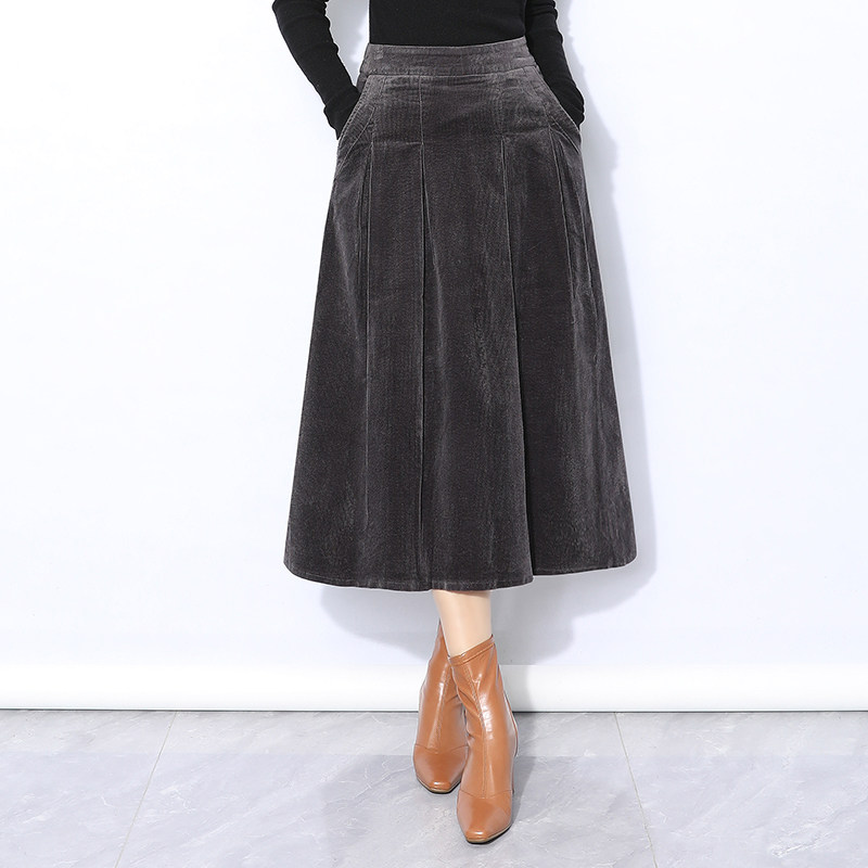 复古灯芯绒半身裙女秋冬2025新款高腰显瘦百褶中长款A字裙休闲裙