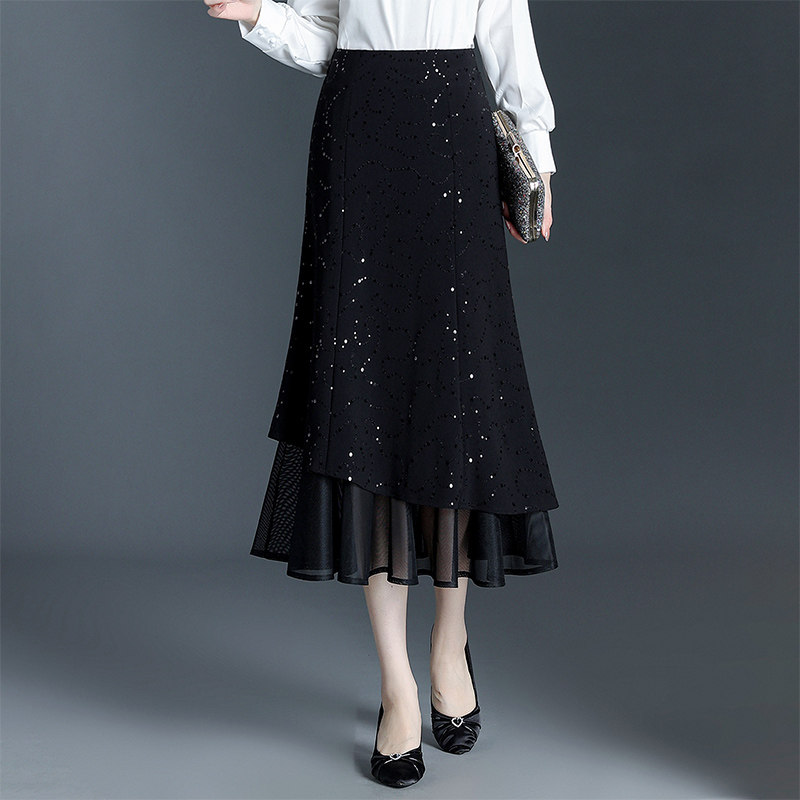 黑色亮片包臀半身裙女春季高腰不规则中长款拼接鱼尾裙修身一步裙