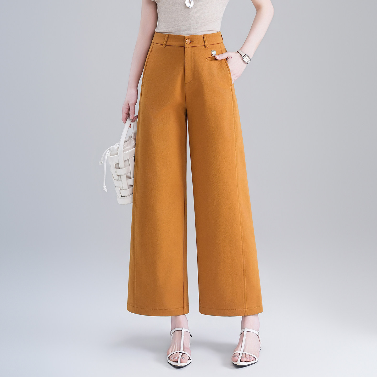 高腰阔腿裤女2026春夏新款显瘦九分裤小个子休闲直筒裤极简风百搭