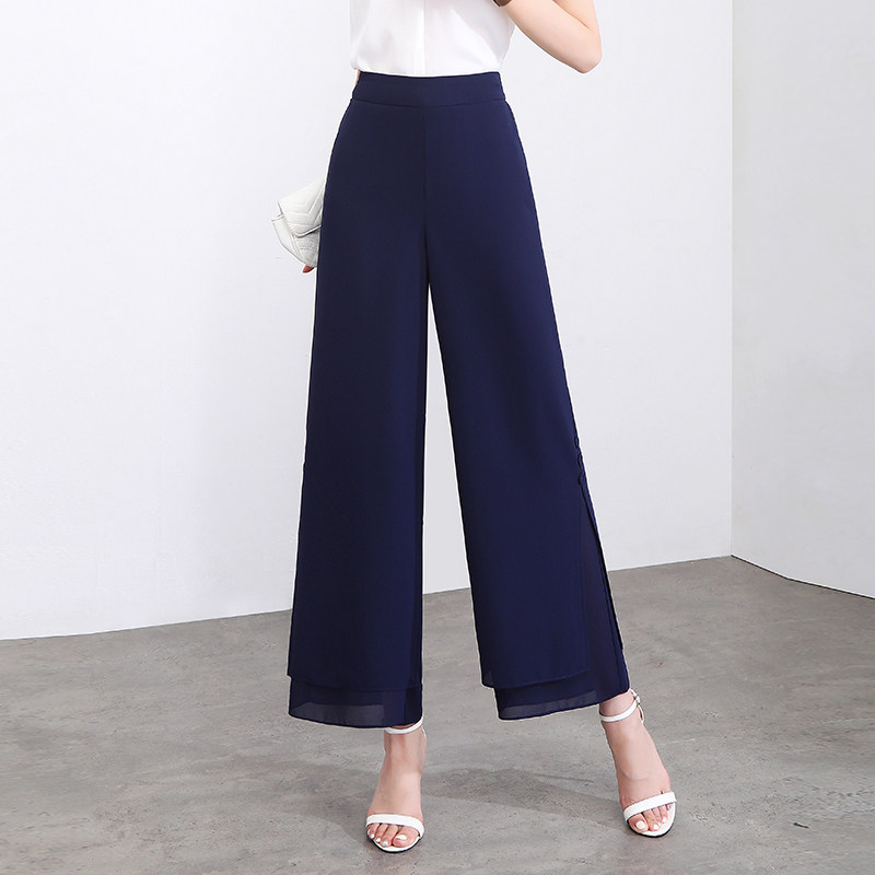 百搭高腰阔腿裤女2026夏季薄款垂感九分裤宽松小个子深蓝色休闲裤