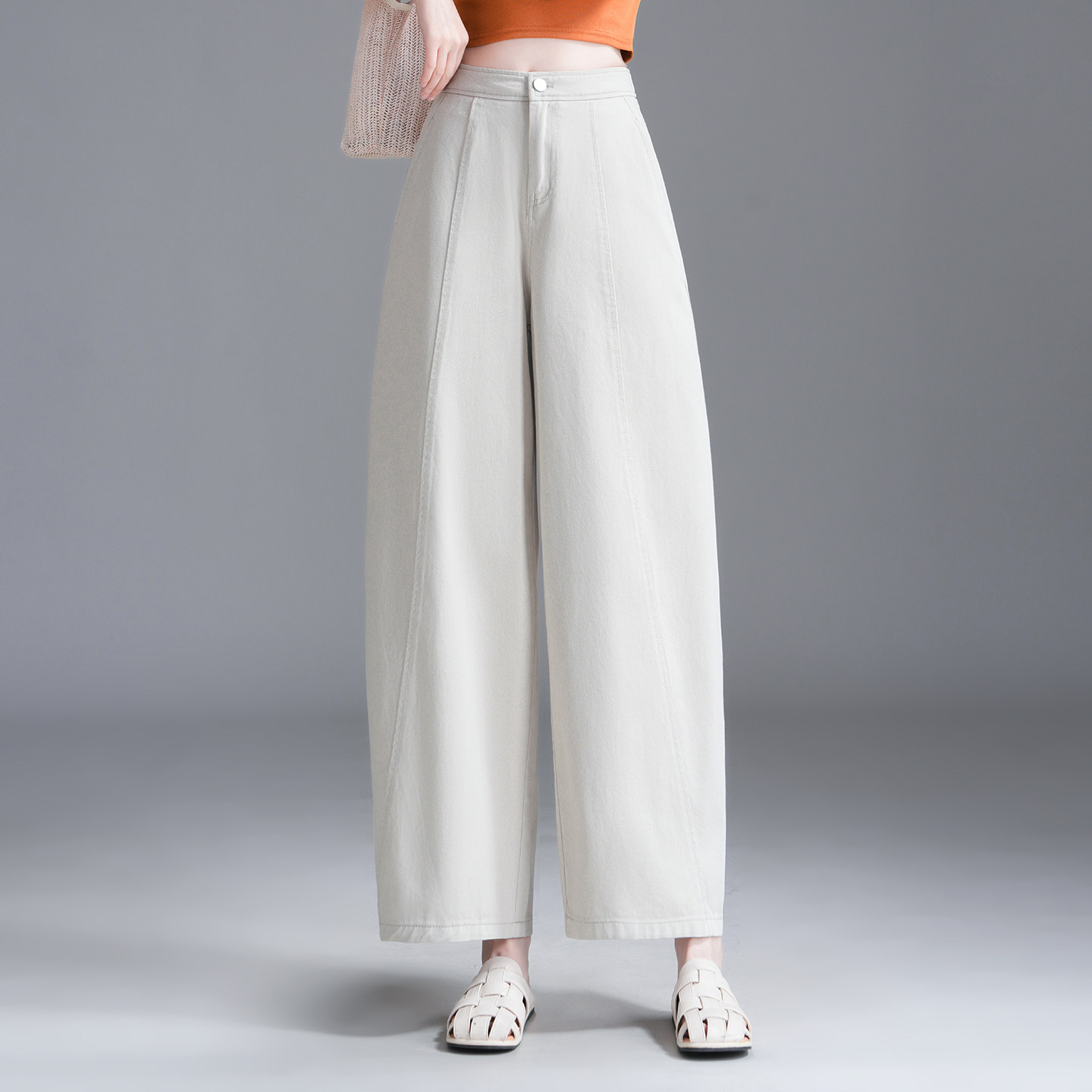 2026春夏高腰宽松阔腿裤女九分裤米白色显瘦垂感百搭休闲裤慵懒风