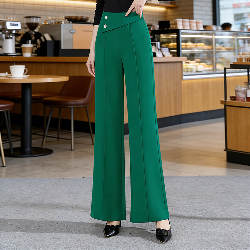 冰凉丝微喇西装裤夏季新款女绿色显瘦遮肉宽松垂感直筒长裤休闲裤