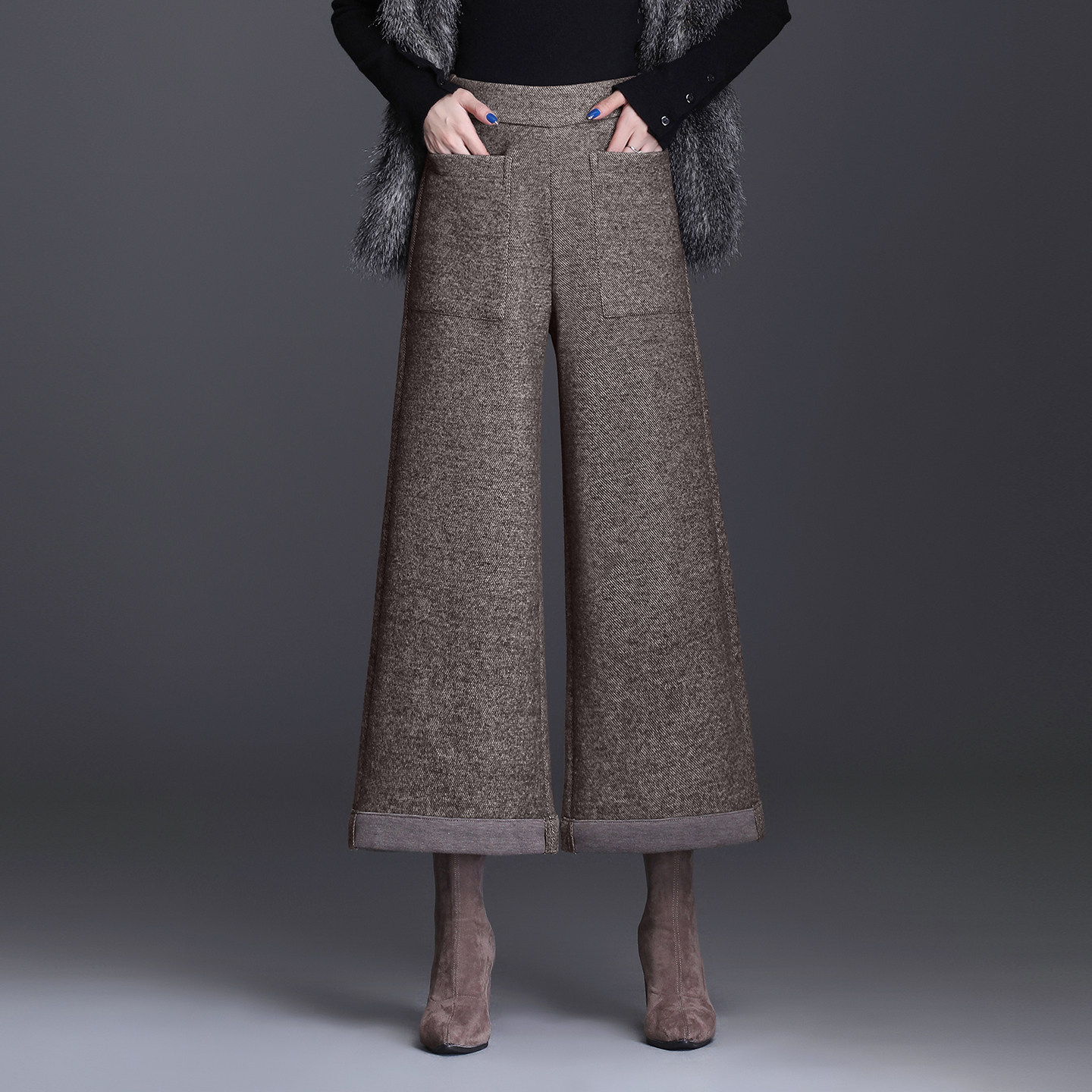 小个子羊毛呢阔腿裤女九分裤2025秋冬新款大脚裤宽松显瘦休闲裤子