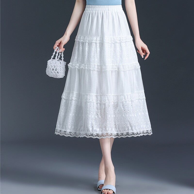 白色蕾丝花边蛋糕裙女a字裙春秋新款高腰垂感半身裙中长伞裙