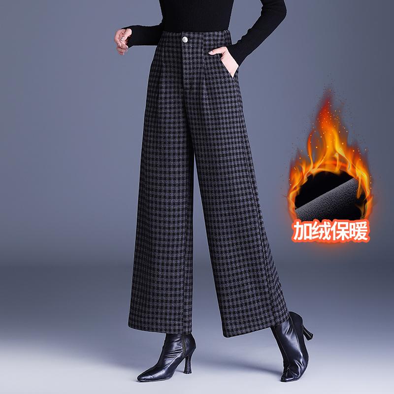 复古加绒格子阔腿裤女2025新款秋冬款高腰垂坠感显瘦九分休闲裤子
