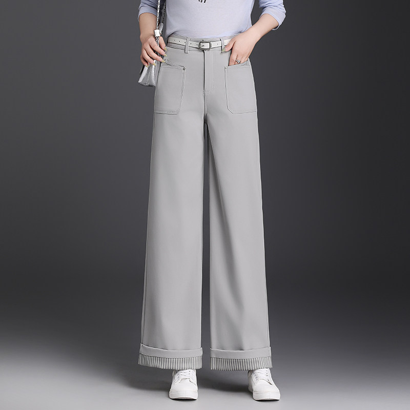 阔腿裤女春季2026新款宽松显瘦条纹翻边直筒休闲裤百搭通勤长裤子