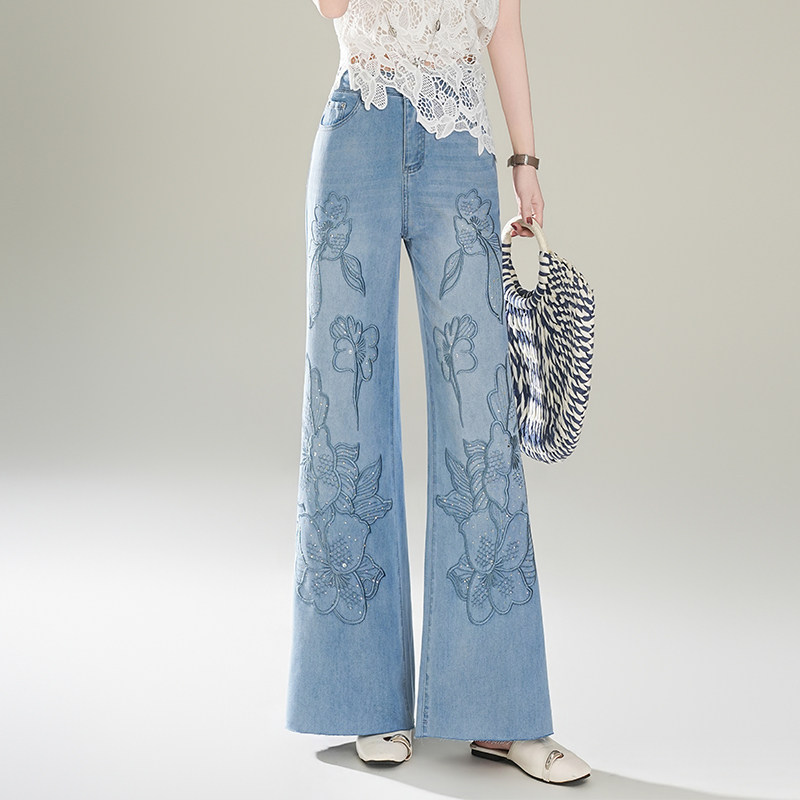 高腰显瘦刺绣烫钻牛仔裤2026春季新款女浅蓝色阔腿长裤百搭休闲裤