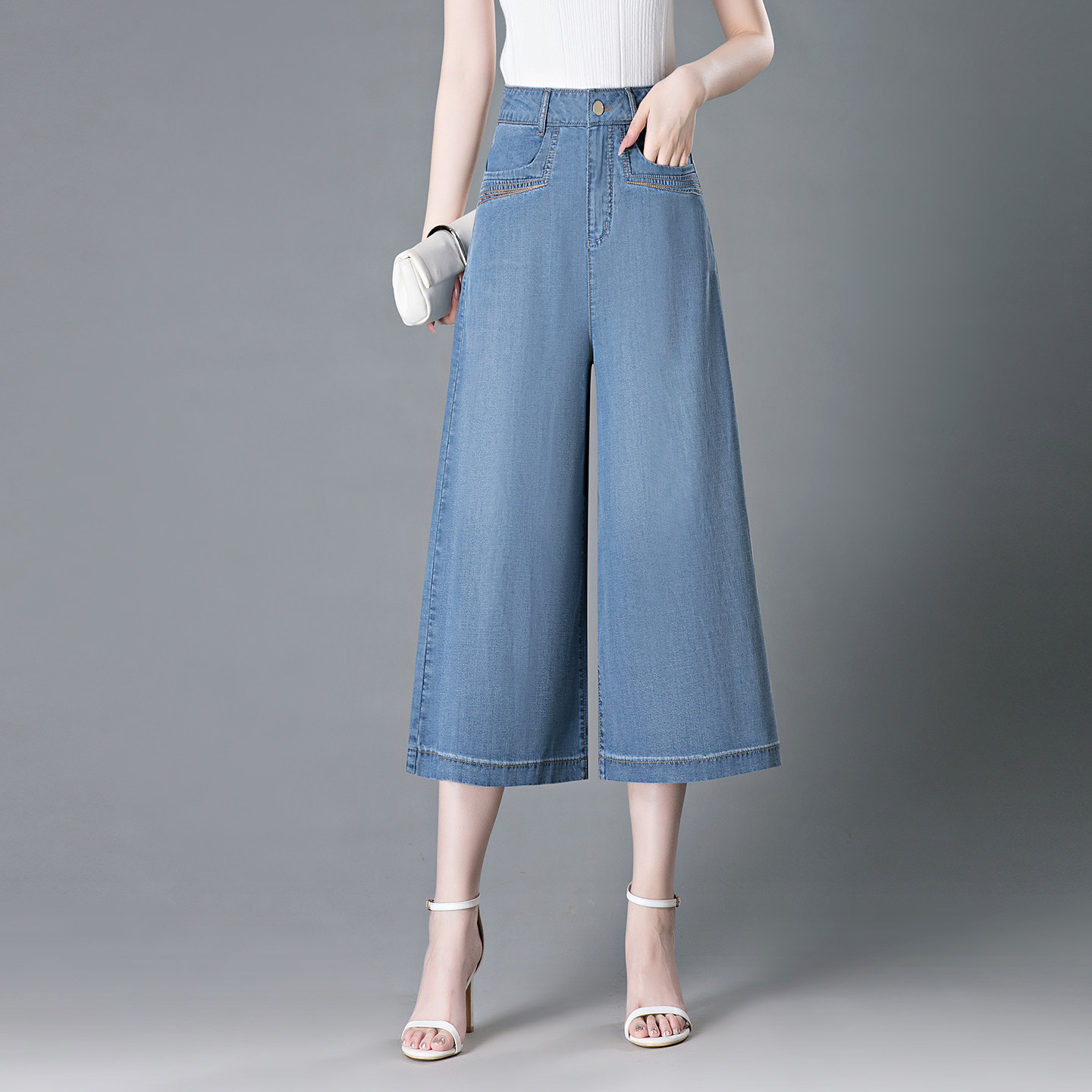 天丝牛仔阔腿裤女2026夏季薄款高腰显瘦宽松八分裤小个子时尚百搭