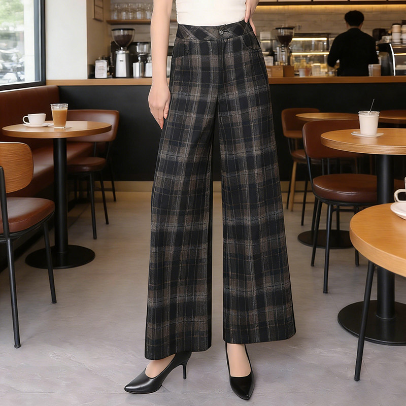 复古格纹阔腿裤女2026新款春夏高腰显瘦宽松小个子休闲九分直筒裤