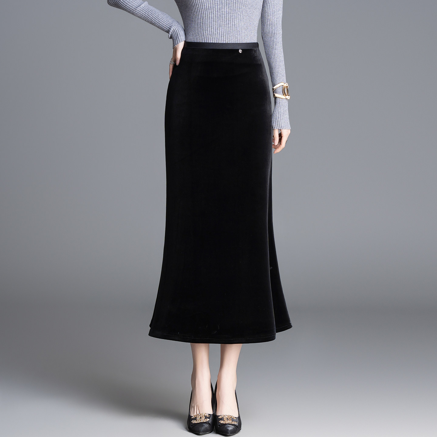 复古丝绒鱼尾半身裙女春季2026新款高腰修身中长款通勤包臀一步裙,女装/女士精品,半身裙,淘宝优惠券,粉丝福利购,淘宝优惠卷