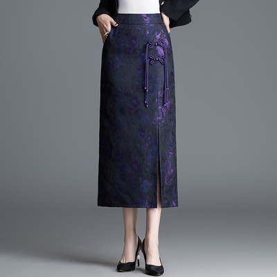 新中式缎面提花包臀半身裙中长裙