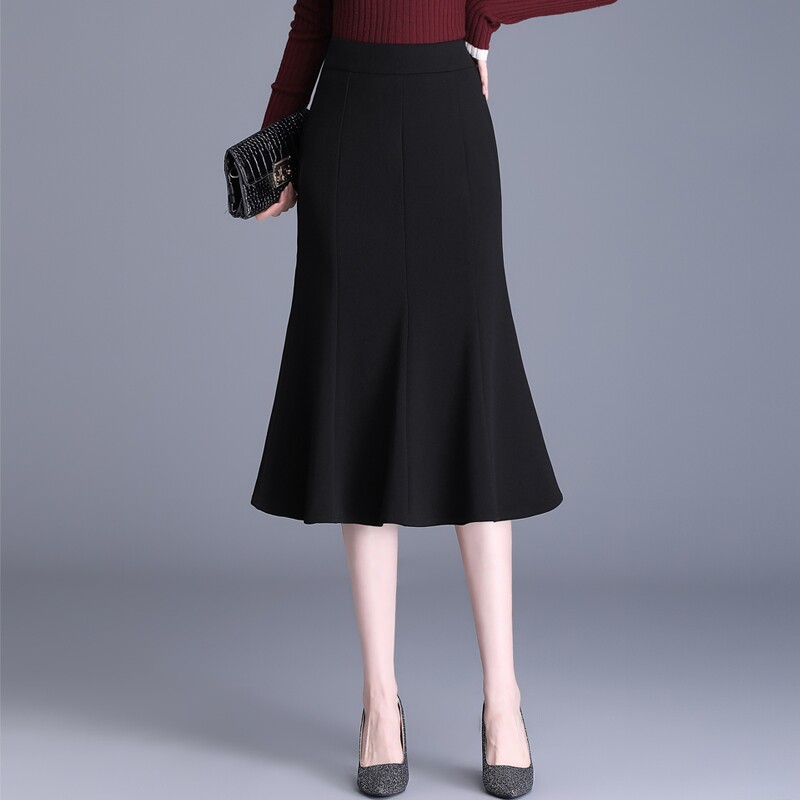 小个子黑色包臀鱼尾裙半身裙女春秋新款高腰显瘦中长款一步裙