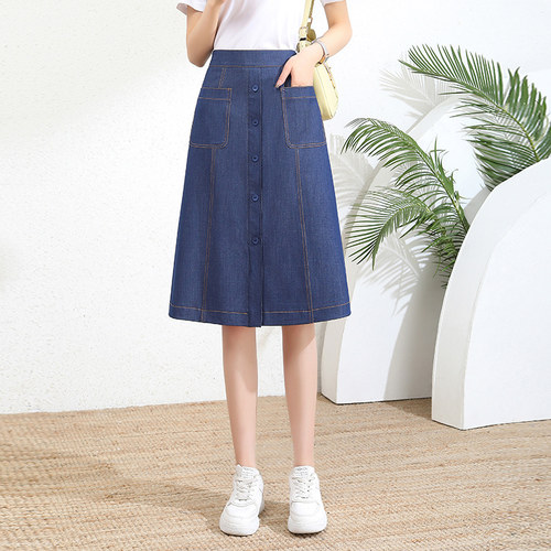 62厘米A字裙时尚单排扣牛仔裙