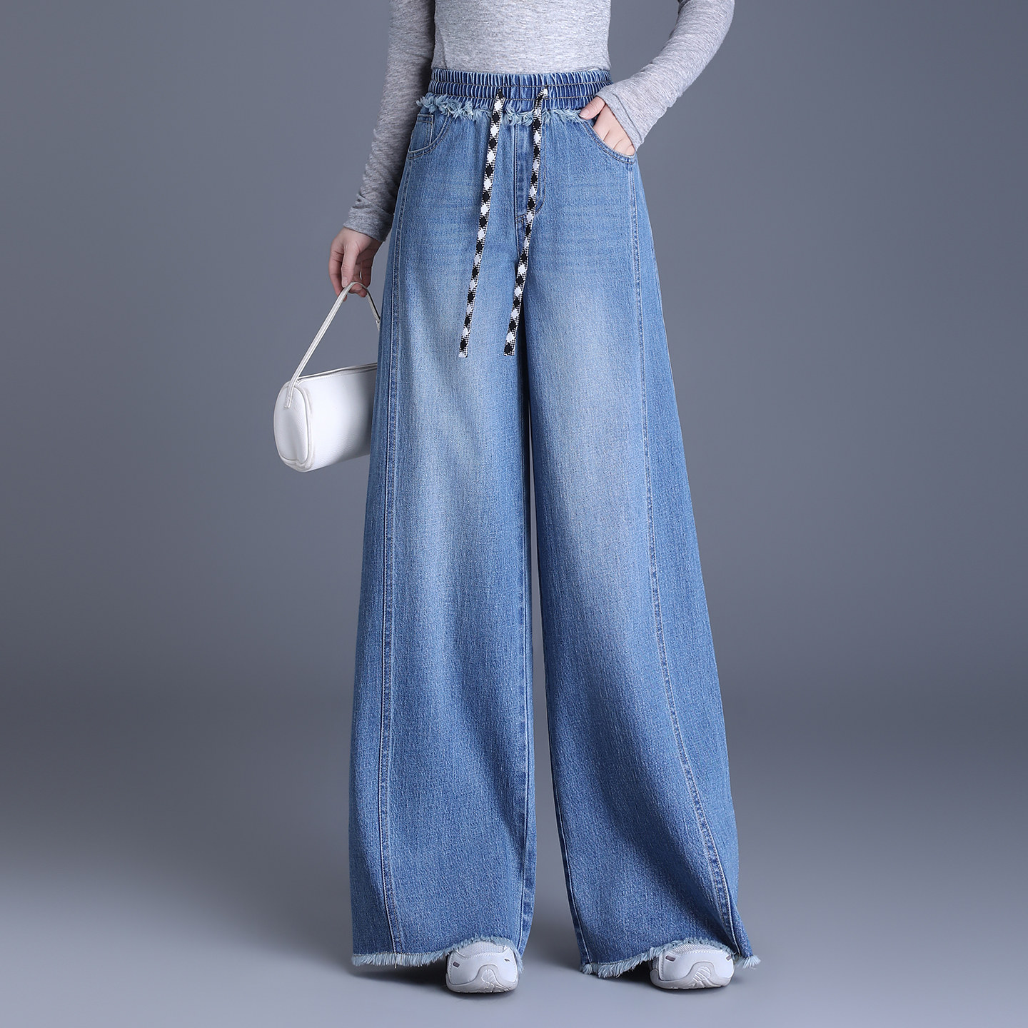 时尚毛边抽绳松紧腰牛仔裤阔腿裤女春季2026新款宽松显瘦休闲长裤