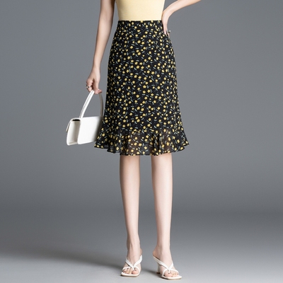 碎花荷叶边包臀中裙半身裙