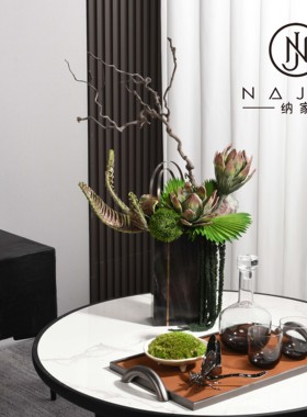 罗曼提现代样板间花艺皮革托盘渐变烟熏酒具蜻蜓摆件客厅茶几组合