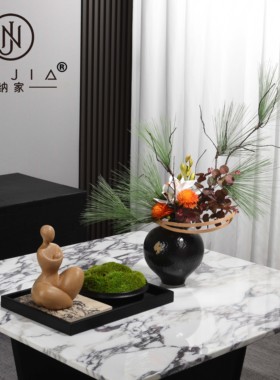 罗曼提新中式创意花艺黑色条纹托盘母爱摆件样板间客厅茶几售楼处