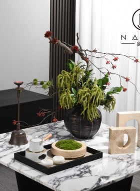 罗曼提 新中式样板间花艺洞石青苔复古做旧烛台摆件 客厅茶几组合