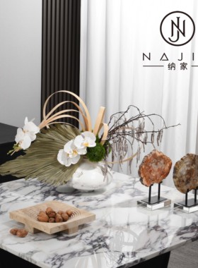 罗曼提 新中式花艺黄洞石方形阶梯果盘摆件 样板间客厅茶几售楼处