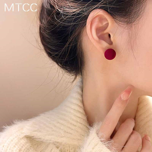 红色植绒球球耳钉简约甜美秋冬