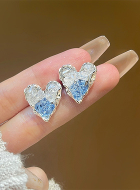 925银针蓝色渐变爱心耳钉女韩版ins小众百搭时尚可爱项链简约耳饰