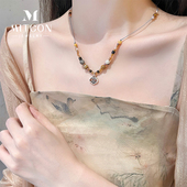 新中式 平安锁串珠吊坠项链女轻奢小众设计感复古民族风气质毛衣链