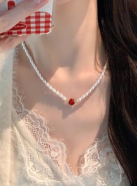 复古红色天然石珍珠简约锁骨链