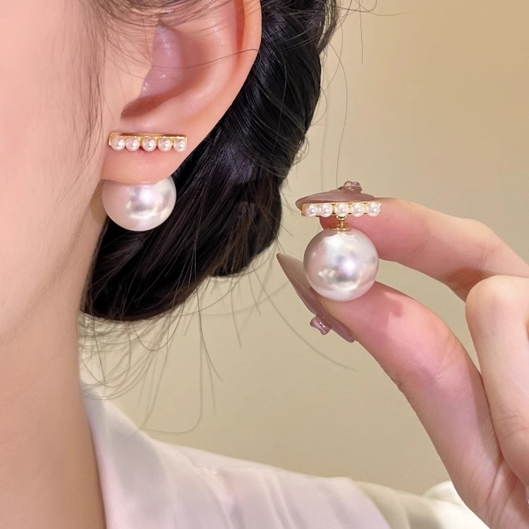 一字后挂珍珠耳钉女气质法式轻奢