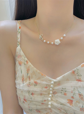 珍珠蝴蝶结玫瑰花项链少女小众设计感锁骨链2023新款网红气质颈链