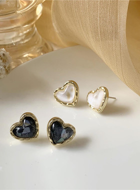 S925银针韩国气质简约流沙金边小巧桃心耳环2023年新款耳钉女A117