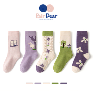 「秋冬款」袜子女童冬天纯棉A类儿童无骨抗菌宝宝中筒保暖厚紫色