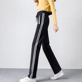 学生成人女士 棉弹丝两条杠带拉链休闲大直筒长裤 春秋新款 运动裤