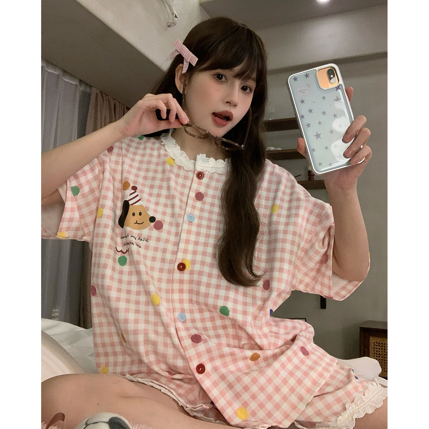2026年新款夏季天蕾丝可爱女士短袖睡衣波点套装大码可外穿家居服