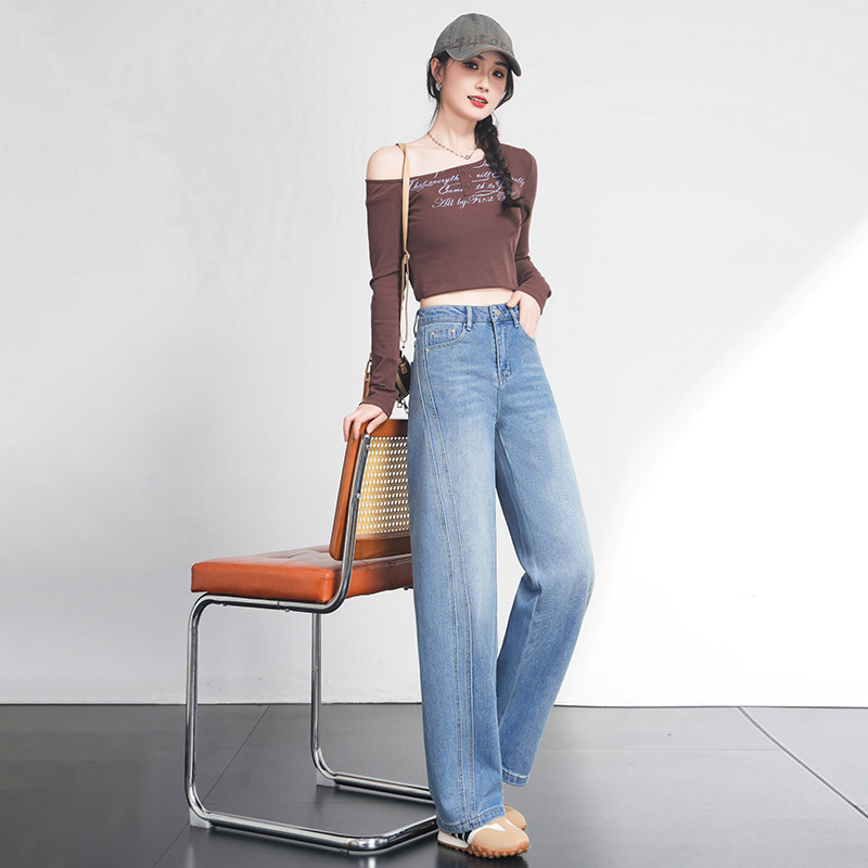 蓝色牛仔裤女高腰显瘦垂感镰刀裤弯刀裤直筒宽松阔腿裤2025春新款